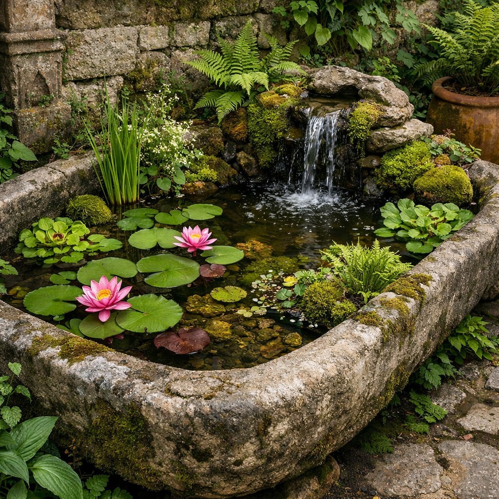 Stone garden pond with pink water lilies, lily pads, and a small waterfall