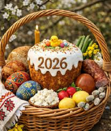 Easter basket with decorated eggs, paska bread with 2026 icing, candle, and flowers outdoors