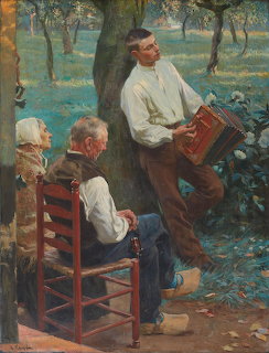 Oil painting of man playing accordion for two people seated outdoors under trees