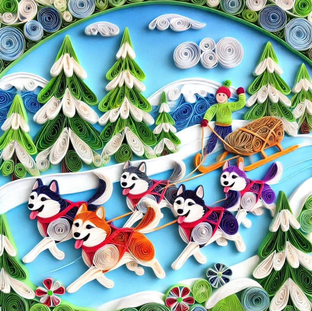 Quilled sled dogs pull a musher through a snowy forest with pine trees.