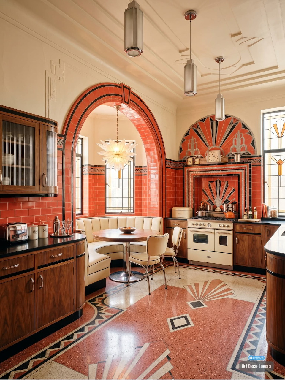 Art deco kitchen interior with geometric floor tiles, wood cabinets, and an arched breakfast nook