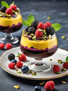 Layered dessert cups with yellow cream, chocolate, and fresh berries topped with mint and pistachios