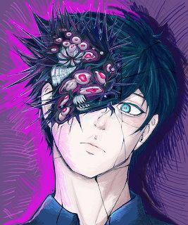Anime boy with dark teal hair and teal eyes looking forward, purple and pink background