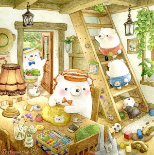 Cute bear family illustration in a cozy attic room with toys, books, and a wooden ladder