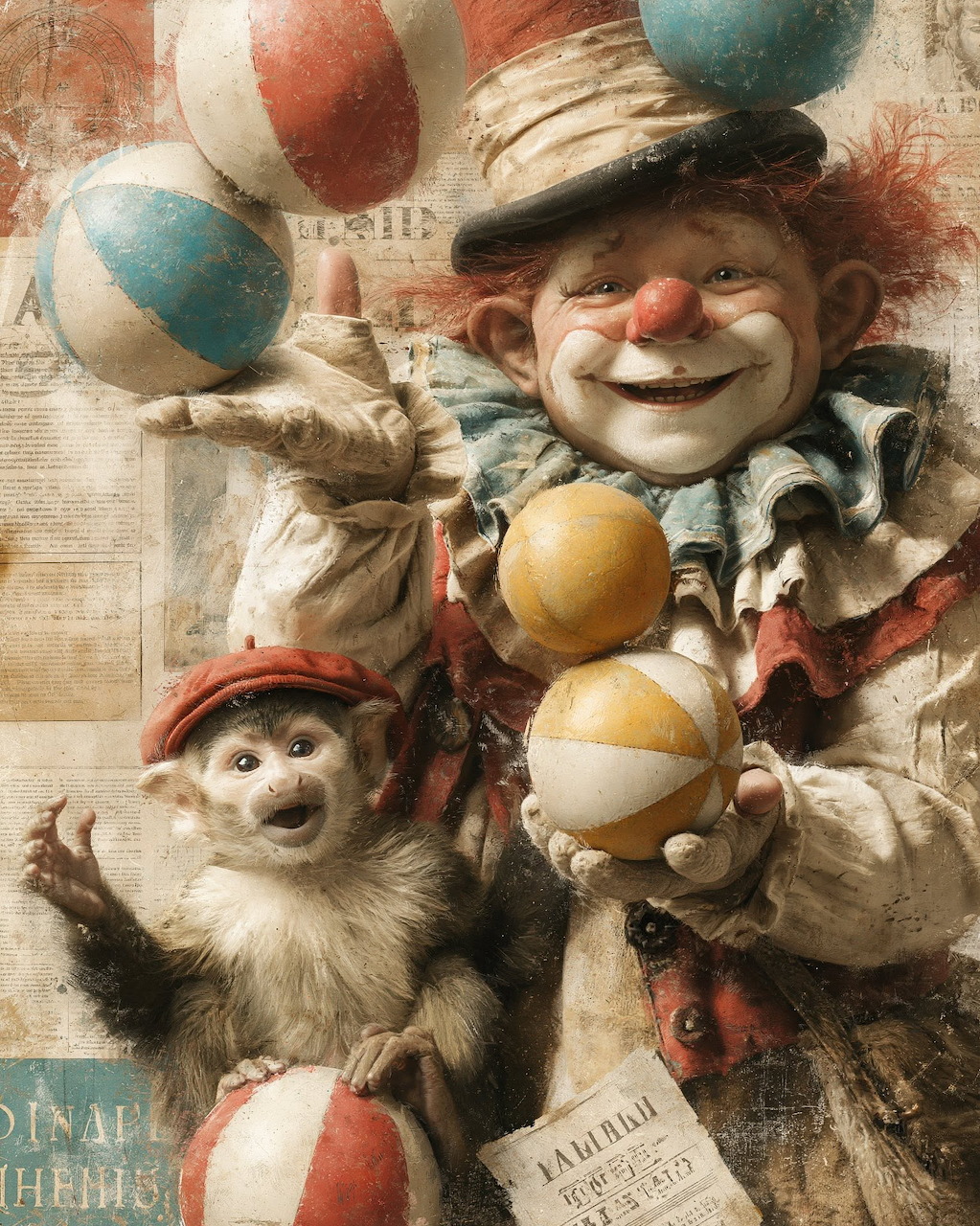 Vintage-style clown with a small monkey and colorful juggling balls