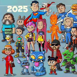 Group illustration of diverse animated characters from movies, TV shows, anime and comics with 2025 banner