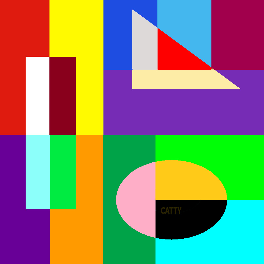 Abstract geometric art with colorful rectangular and triangular blocks in red, yellow, blue, green, purple, and orange