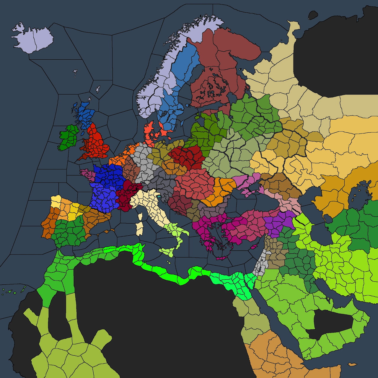 Colorful political map of medieval Europe and Middle East with different colored kingdoms and territories