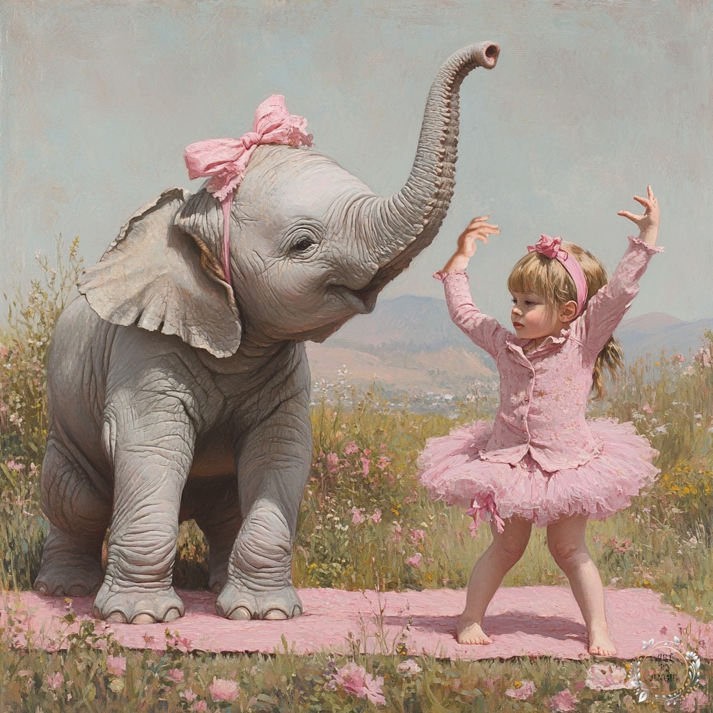 Young girl in pink tutu dancing with baby elephant wearing pink bow in flower field