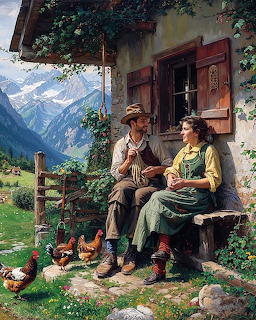 Painted scene of couple in traditional dress on cottage porch with chickens and mountain backdrop