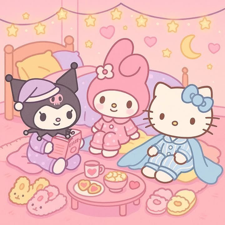 Three Sanrio characters in pajamas sitting around a small table with cookies and tea in a pink bedroom