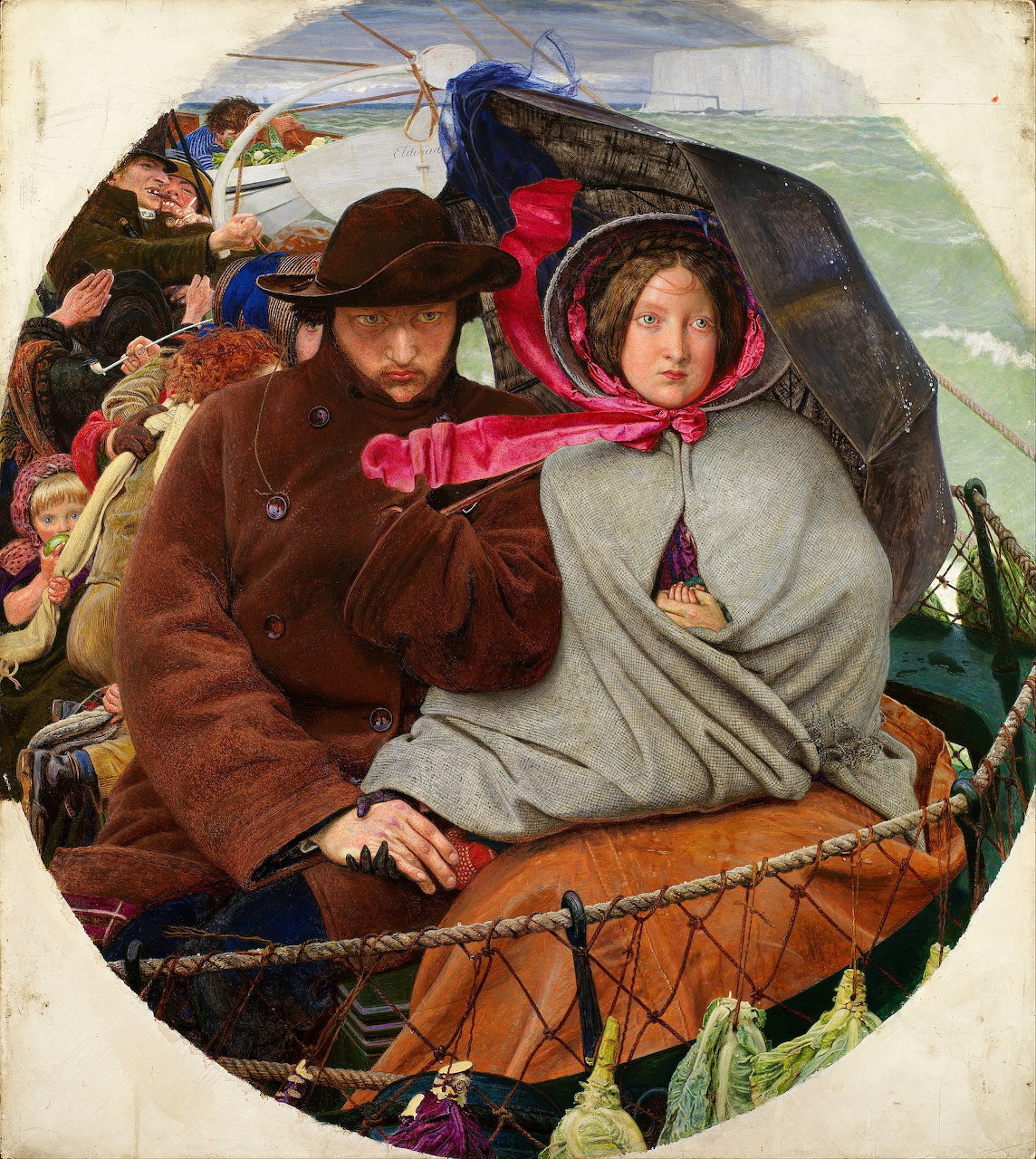 Victorian painting of a man and woman wrapped against the cold in a crowded boat at sea
