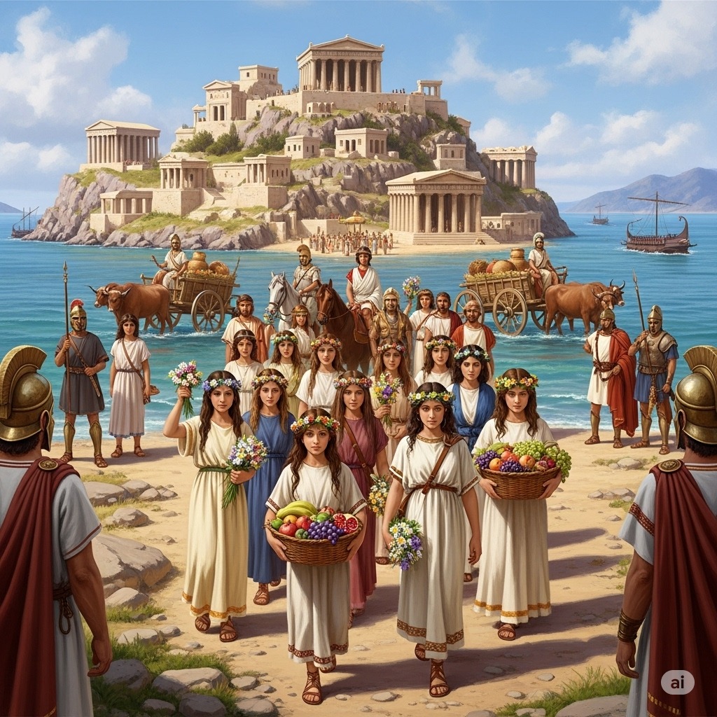 Ancient Greek city on island with temples, classical buildings, and people in white robes by turquoise sea