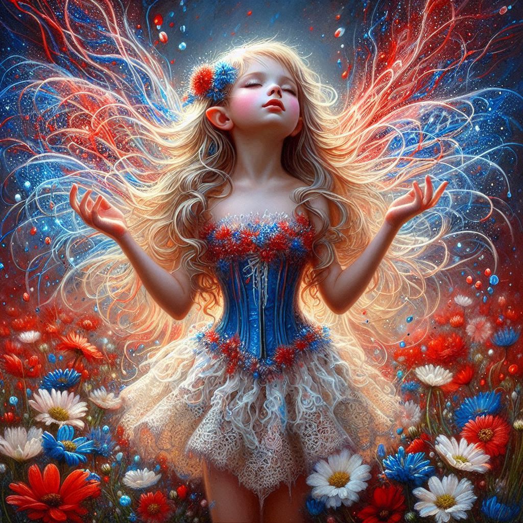 Fantasy woman with flowing blonde hair, ornate blue corset, surrounded by fire and lightning energy and colorful flowers