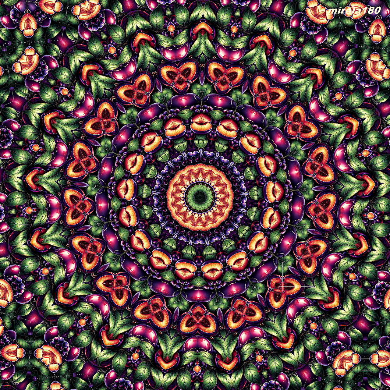 Colorful symmetrical mandala with floral patterns in pink, orange, yellow and green on black background