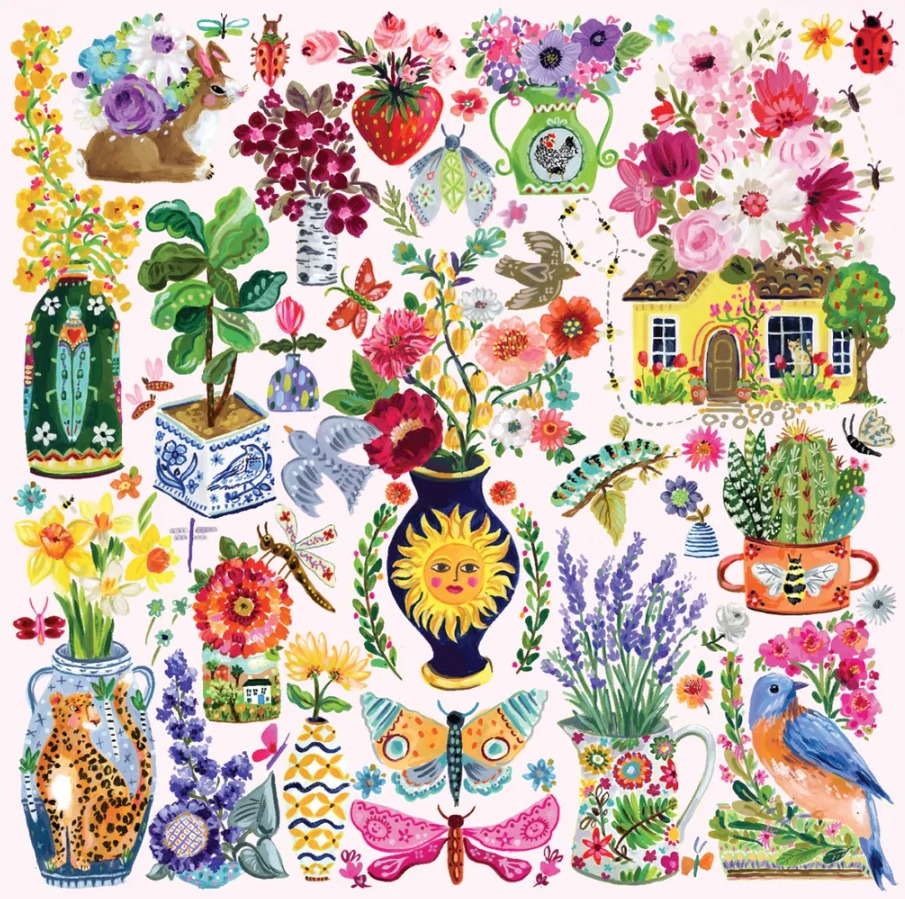 Dense collage of colorful flowers, butterflies, cottage, vases, and garden items on white