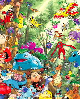 Crowded illustration of classic Pokemon characters in a forest with trees and flowers