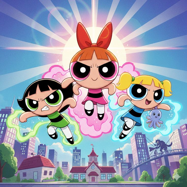 The Powerpuff Girls flying above a colorful city skyline with glowing clouds and sun rays