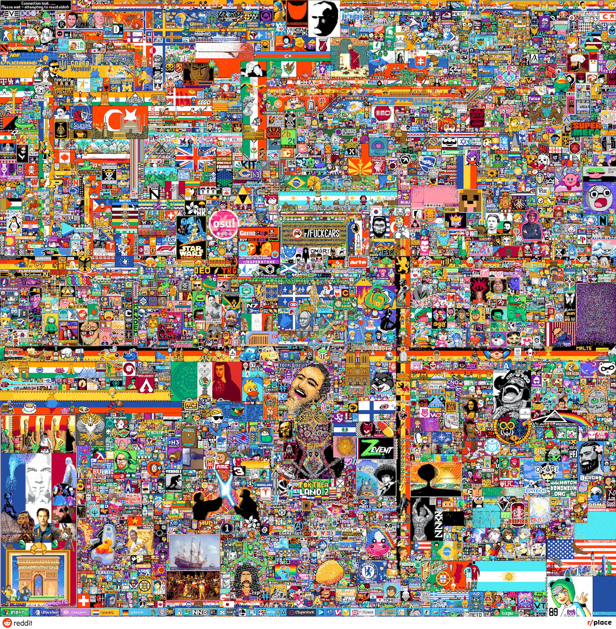 Dense colorful pixel art mosaic from Reddit r/place 2022 with hundreds of flags, memes, logos, and community artworks