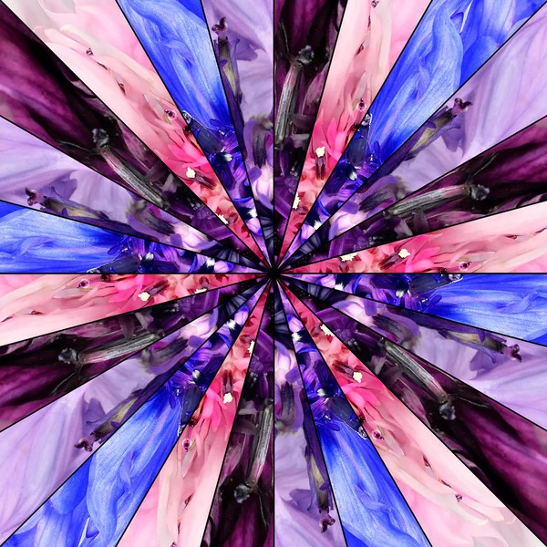 Colorful abstract kaleidoscope starburst pattern with radiating blue, pink, and purple segments