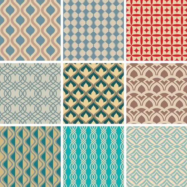 Grid of nine vintage geometric patterns with repeating shapes in retro colors