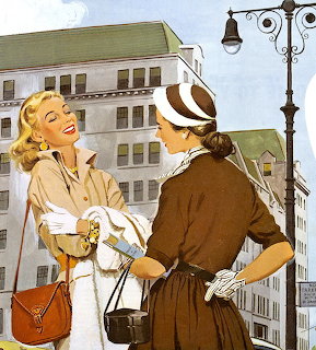 Vintage illustration of two women in 1950s attire talking on a city street with buildings behind them