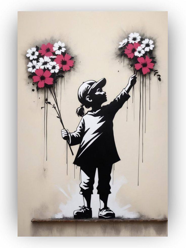 Stencil-style mural of a girl holding two bouquets of pink and white flowers