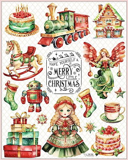 Watercolor illustration collage of Christmas items including gingerbread house, toy train, angels, and holiday treats