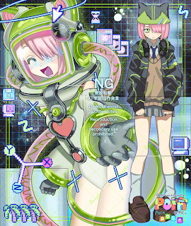 Anime girl with pink hair, green headphones and ribbons, surrounded by digital interface elements