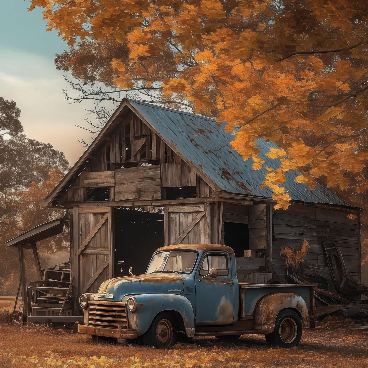 Vintage blue pickup truck parked before a rustic barn with orange autumn leaves overhead at sunset