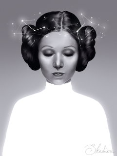 Black-and-white portrait of a woman with side-bun hairstyle and glowing white clothing