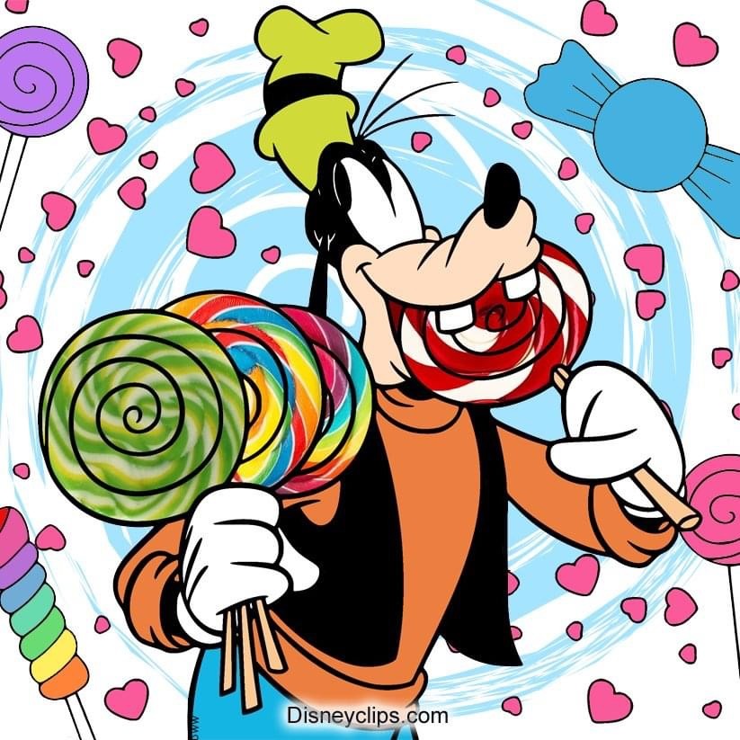 Goofy cartoon character smiling and holding colorful spiral lollipops with candy scattered around