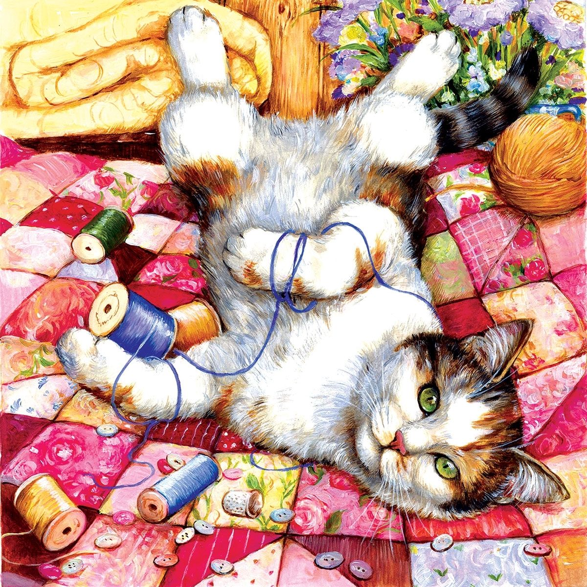 Illustrated calico cat on a pink patchwork quilt surrounded by thread spools, yarn, and sewing supplies