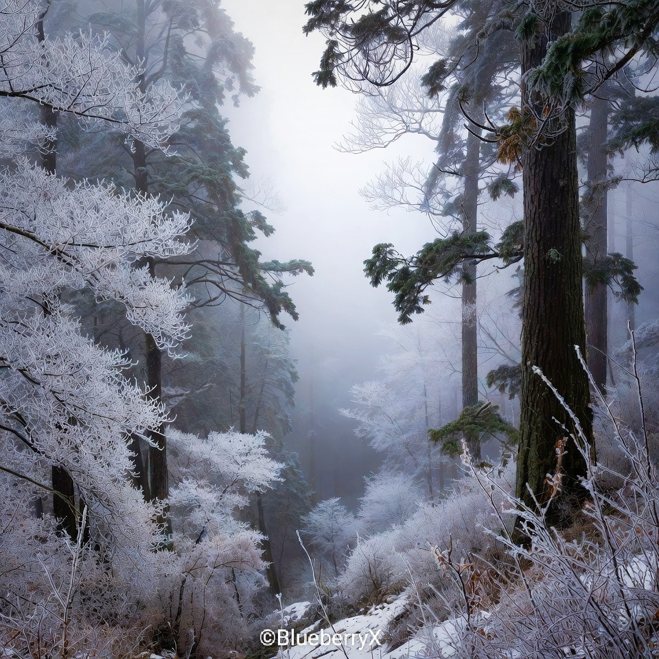 Misty winter forest with frost-covered trees and snowy branches