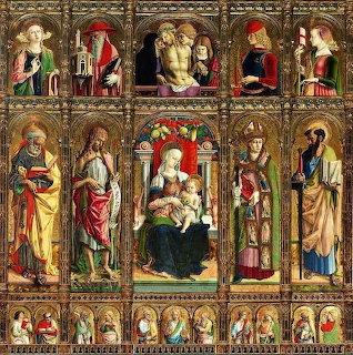 Carlo Crivelli polyptych altarpiece with Madonna, Child, and saints in ornate gold frames