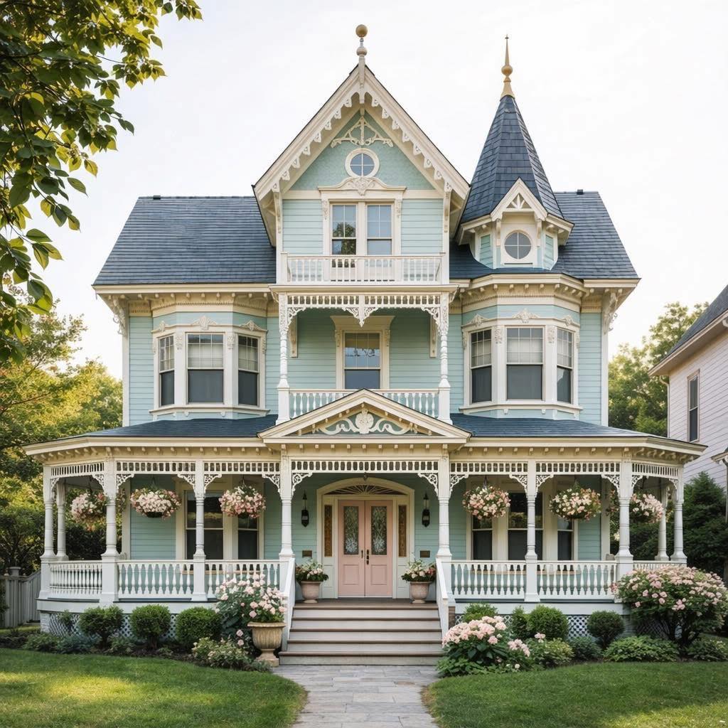 Victorian mansion with turret, wraparound porch, and ornate trim on manicured lawn