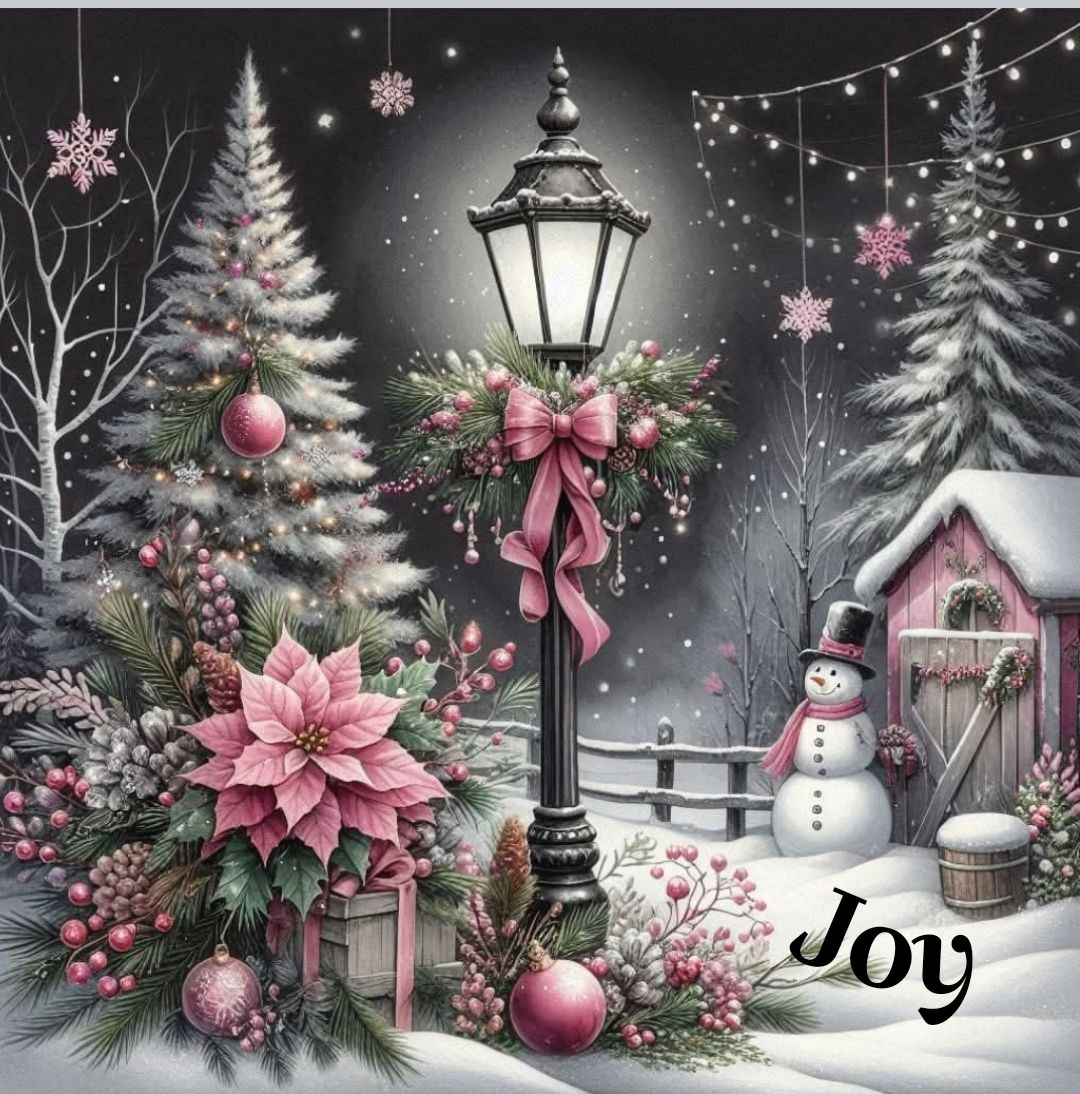 Christmas winter illustration with a lamppost, snowman, decorated trees, poinsettias, and a cottage