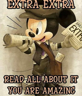 Mickey Mouse in newsboy outfit holding newspapers with 'Extra Extra Read All About It You Are Amazing' text