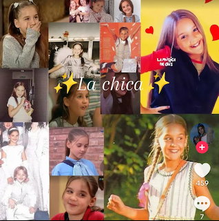 Grid collage of childhood photos showing a blonde girl from baby to preteen years with star and heart decorations