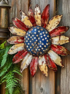 Rustic metal sunflower with American flag colors hanging on a wooden fence with green fern below