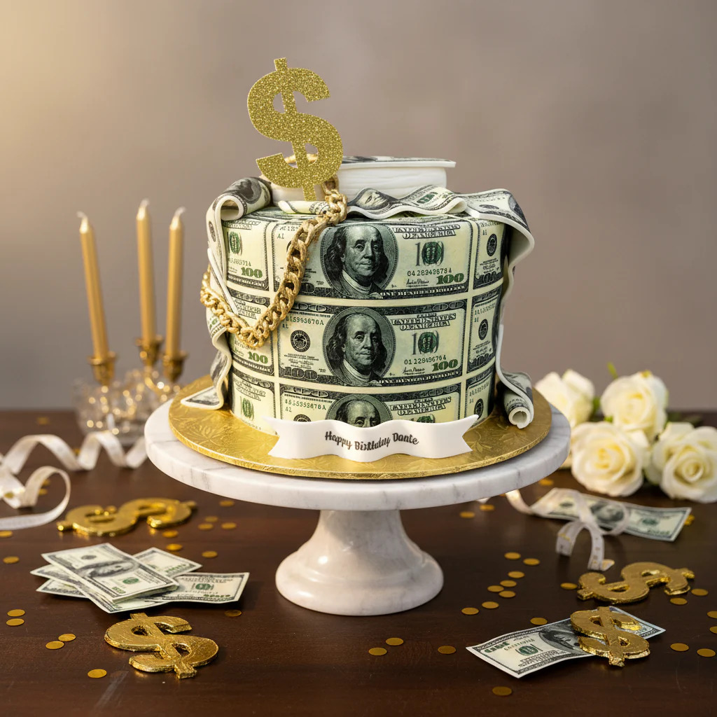 Three-tier cake wrapped in dollar bills with gold dollar sign on top, surrounded by candles and white roses