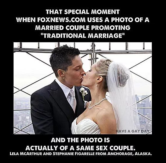 Meme with white text around a wedding photo of two women kissing