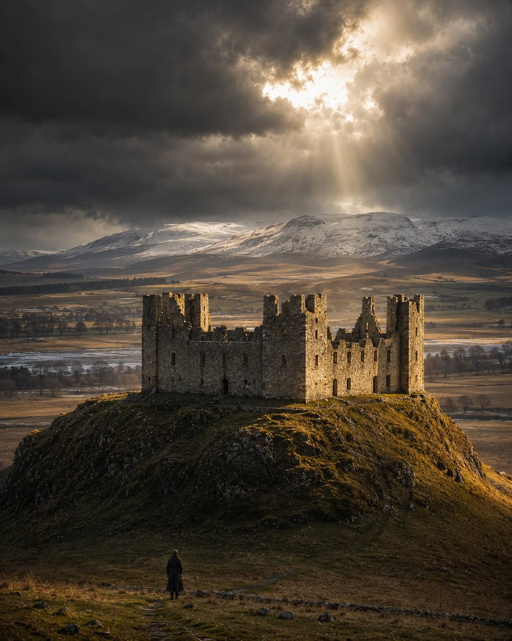 Ruthven Barracks ruins on a grassy hill beneath dramatic clouds and sun rays in Scotland