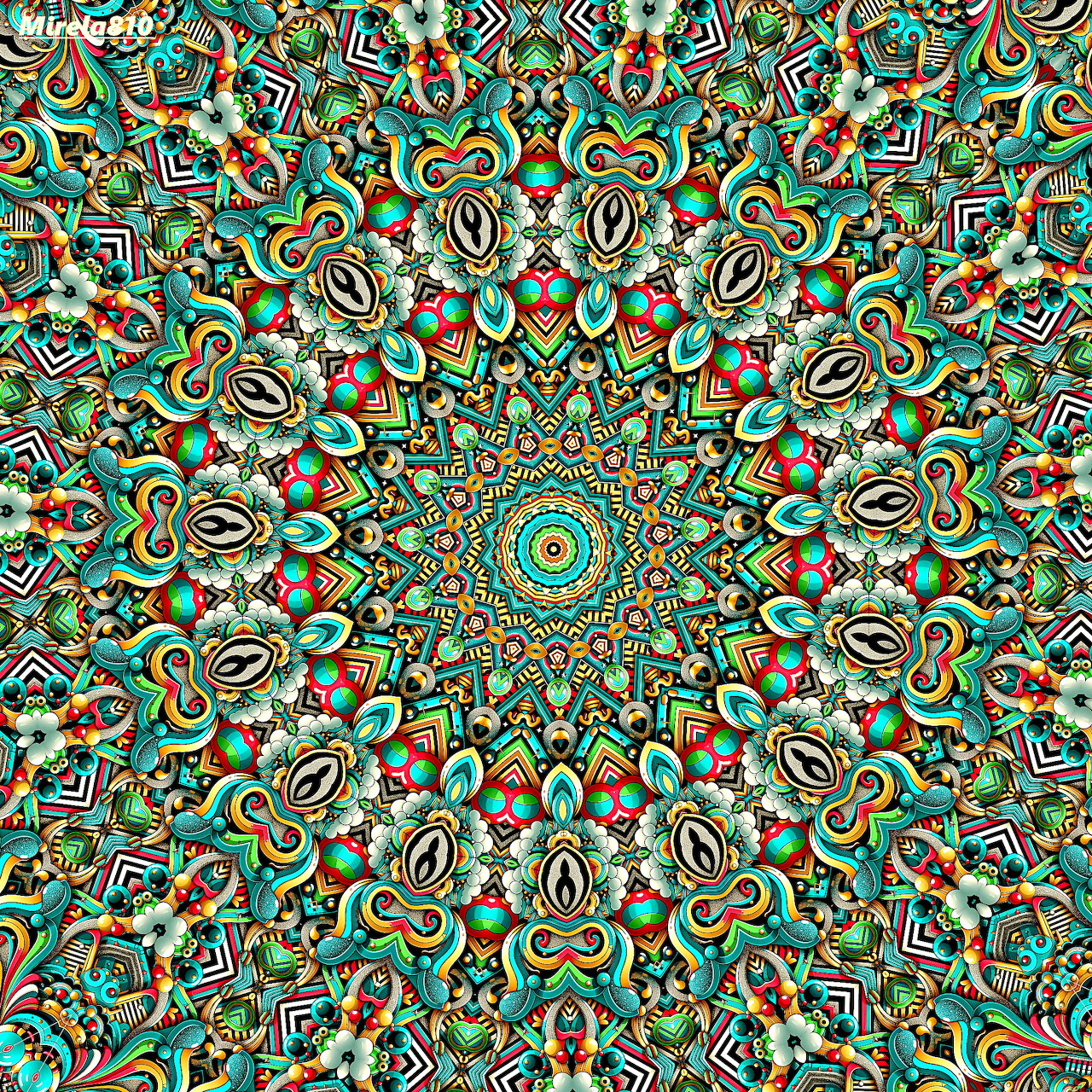 Colorful symmetrical mandala with intricate geometric patterns in turquoise, orange, and cream radiating from center