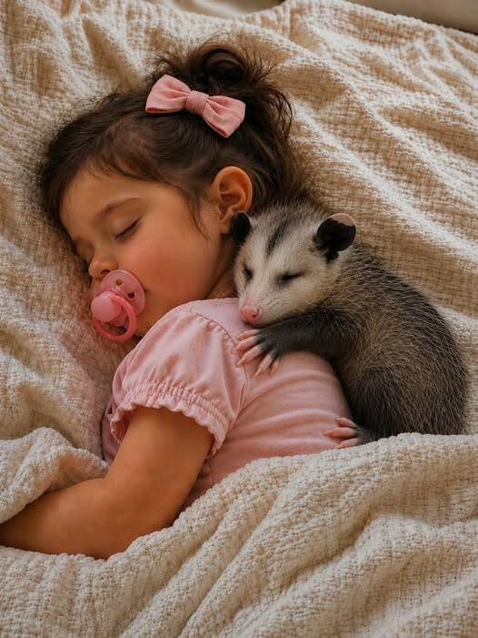 Sleeping young girl in pink cuddling a small opossum under a beige blanket