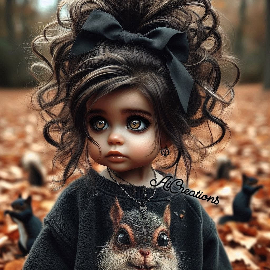 Stylized big-eyed girl with curly dark hair, black bow, and animal print shirt in autumn leaves