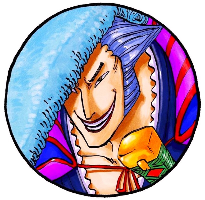 Smiling anime character with blue hair wearing purple and blue striped outfit