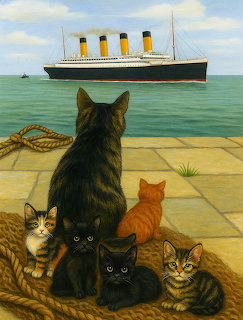 Five cats on a dock gazing at the Titanic ship sailing in the distance on calm sea