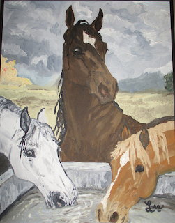 Painting of three horses at a water trough with a cloudy sky background