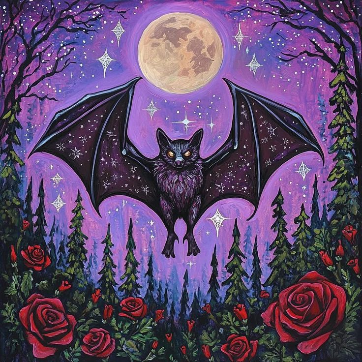 Illustrated bat flying under a full moon above pine trees and red roses in a purple night sky